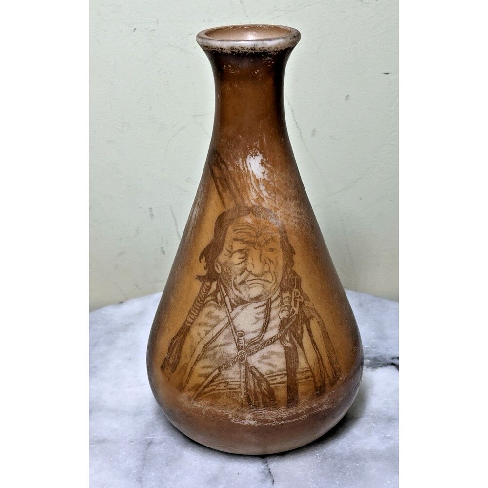 Antique Westmorland Brown Flashed Painted Milk Glass Vase Native American Indian